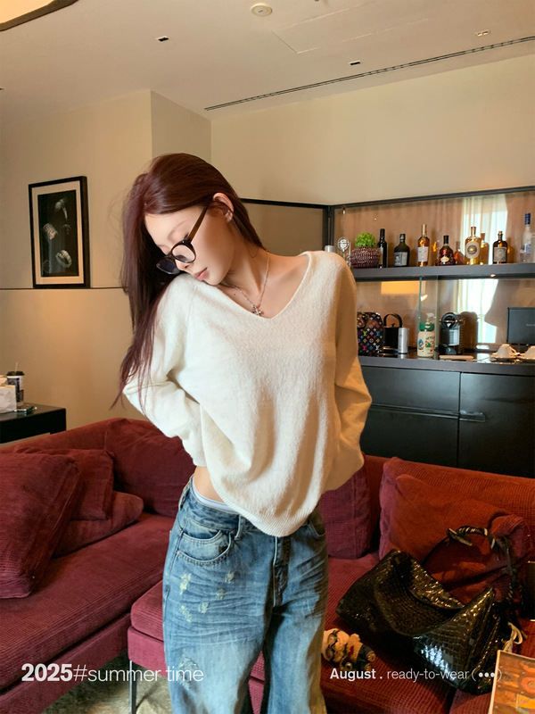 SUNONEONE 宽松慵懒羊毛垂坠感V领毛衣女早秋韩系高级感套头上衣|undefined