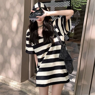 夏装韩版连帽短袖T恤女2026新款棉宽松黑白条纹中长款上衣潮