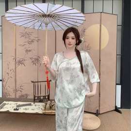国风睡衣女士春秋季冰丝薄款家居服2025年新款中袖长裤套装轻奢