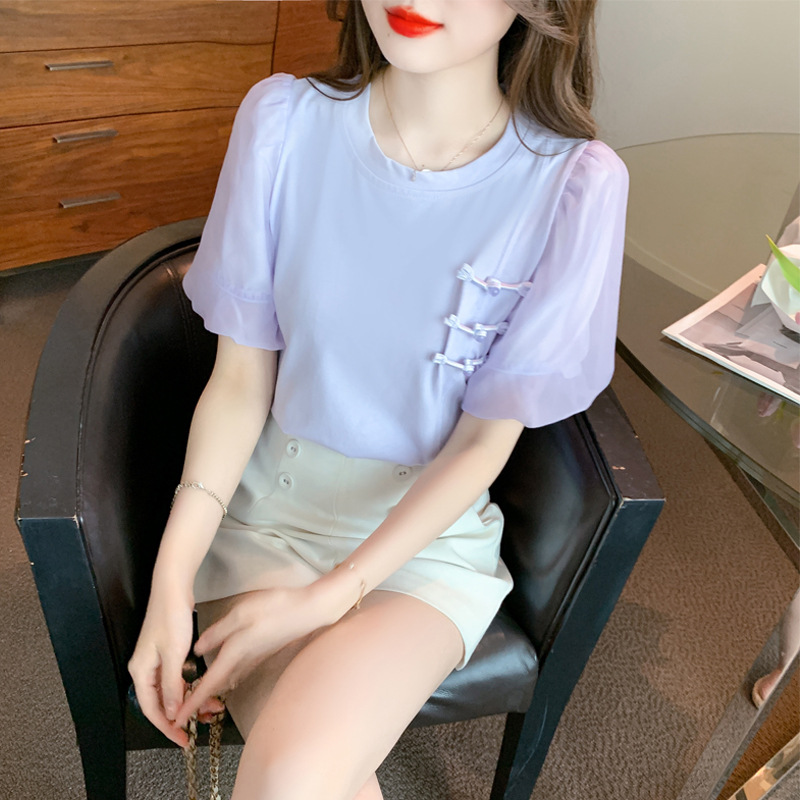 Summer fashionable design shiffon T-shirt with a round collar