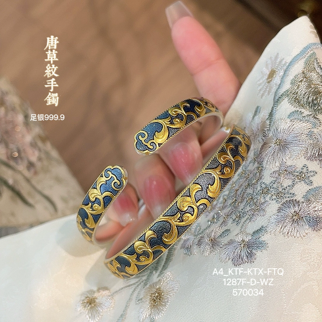 Silver curl wind pure silver 999.9 ancient gold enamel Tang grass pattern solid opening single bracelet wholesale ring