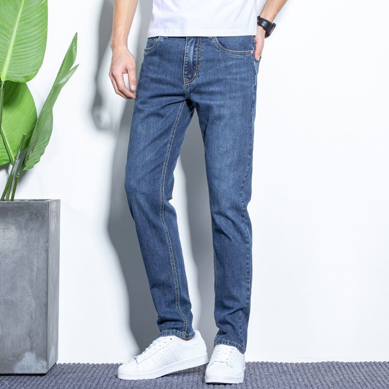 Summer Thin Jeans Men's Ice Silk Slim-fit Straight Trendy Brand Men's Pants 2024 New Men's Trousers Casual All-match