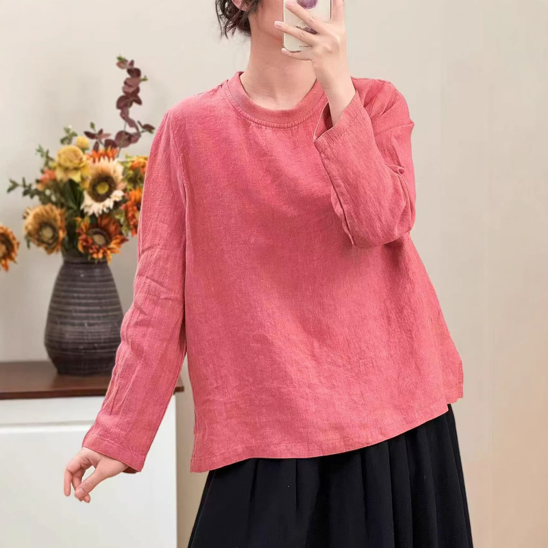 Pure Linen Ribbed Round Neck Long-Sleeved Shirt 2026 Early Spring New Style Artistic Loose Solid Color Women's Pullover Shirt Pure Linen Ribbed Round Neck Long-Sleeved Shirt 2026 Early Spring New Style Artistic Loose Solid Color Women's Pullover Shirt