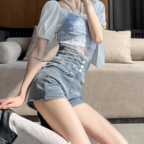 Women's thin elastic straight-leg denim shorts with high-waist, single-breasted button, fashionable wide-leg summer pants