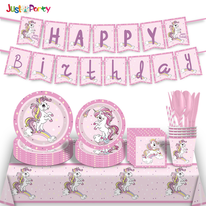 Pink Unicorn Theme Party Disposable Tableware Birthday Party suit PE Tablecloth Paper Cup Tissue Plate