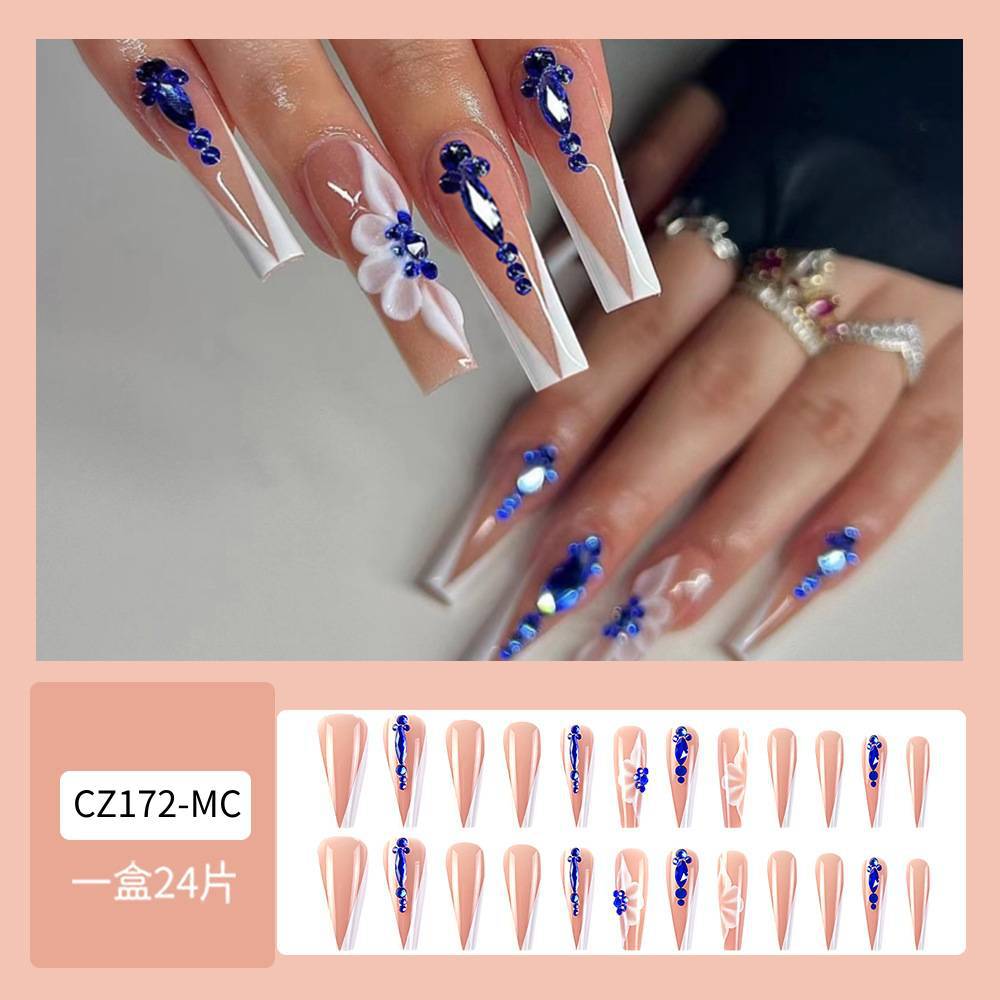 Uñas de ballet largas estilo europeo y americano, manicura francesa con diamantes de imitación, uñas postizas para chicas modernas