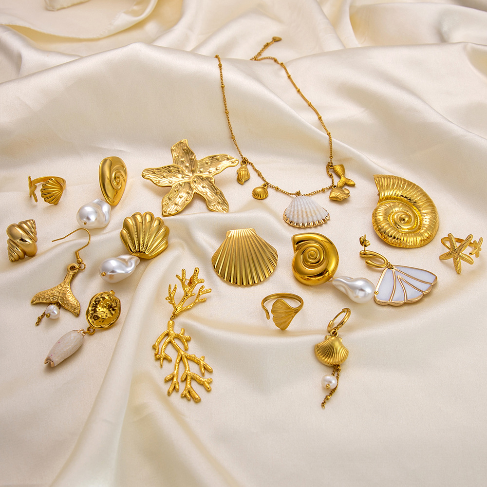 Holiday, Daily Occasion 304 Stainless Steel Material PVD Coated Real Gold Plated Scallop Conch Fish Tail 304 Stainless Steel Marine Style Classic Style Waterproof Non Tarnish Rings Earrings Necklace