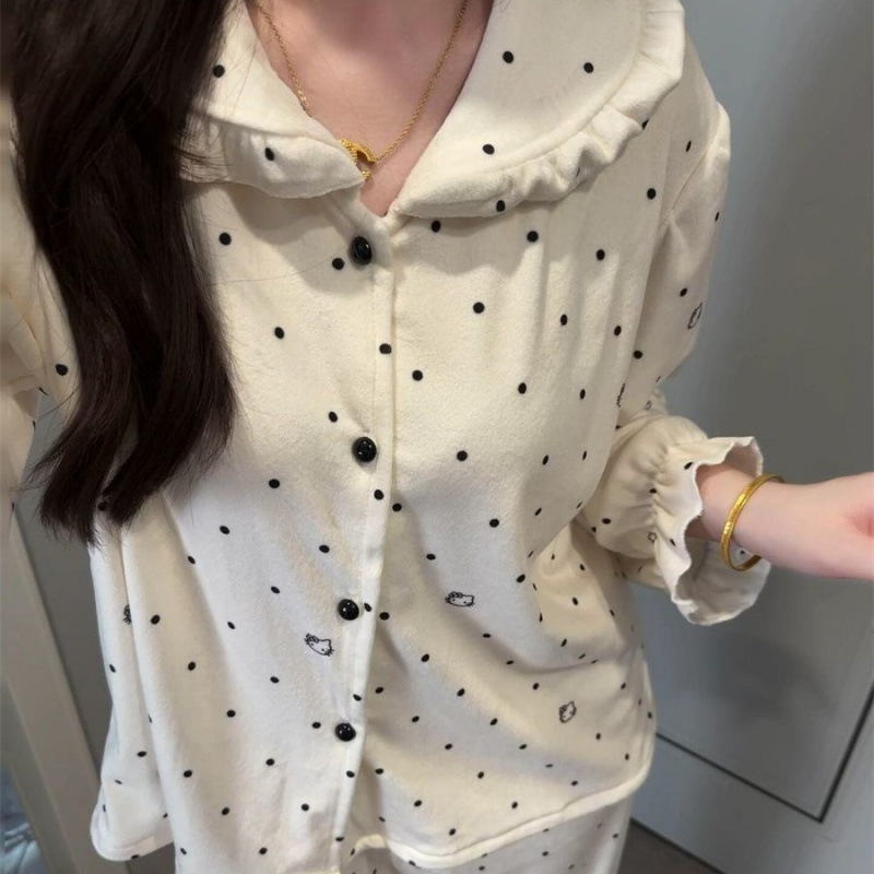 Pajamas for Women in Autumn and Winter German Velvet Cartoon Polka Dot Hello Kitty Sweet Girl Dormitory Warm and Thickeneded Home Clothes Set