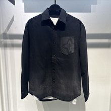 原创设计男装秋季新款潮牌宽松皮口袋拼接复古渐变色牛仔衬衫外套