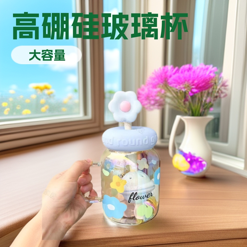 대용량 전기 도금 꽃 높은 붕규산 유리 만화 물 컵 우유 컵 높은 색상 가치 커피 핸들 컵