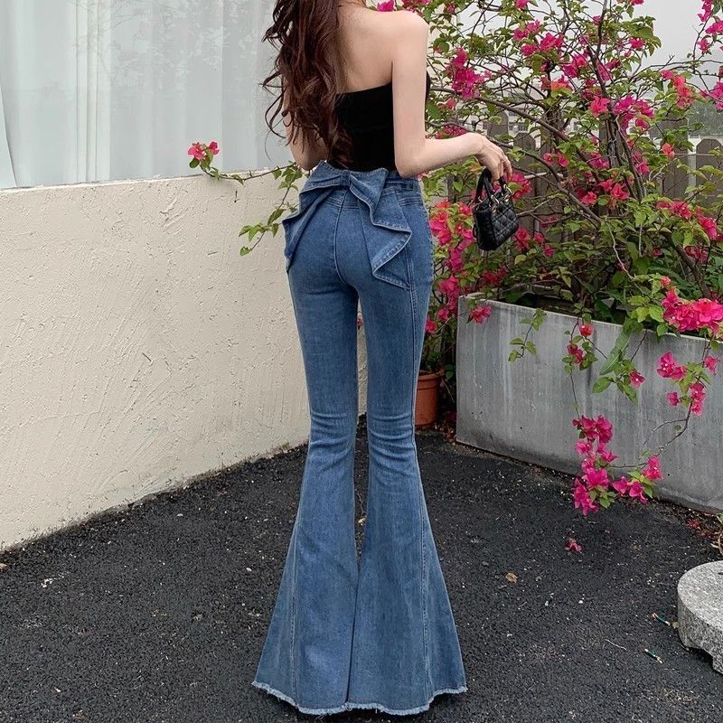 美式复古立体蝴蝶结微喇牛仔裤女夏薄2025新款高腰显瘦翘臀喇叭裤|undefined