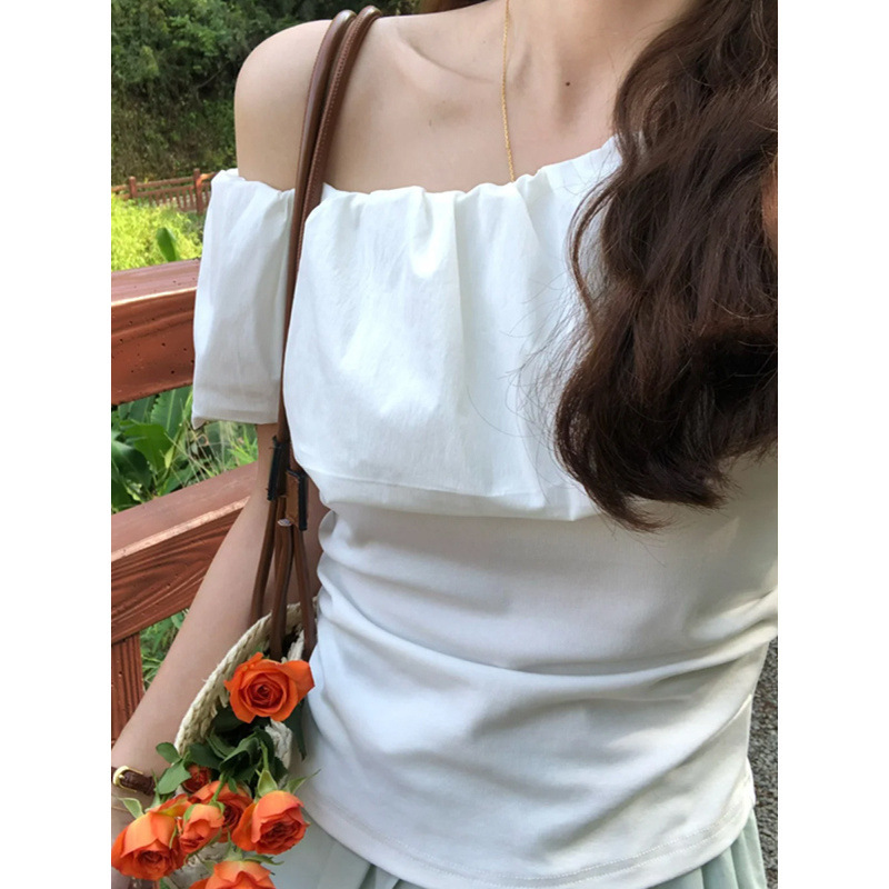 1*1 Modal White Ruffled One-Shoulder Short-Sleeved Shirt for Women, Summer Off-Shoulder Unique and Beautiful Waist-Cinching Top 1*1 Modal White Ruffled One-Shoulder Short-Sleeved Shirt for Women, Summer Off-Shoulder Unique and Beautiful Waist-Cinching Top