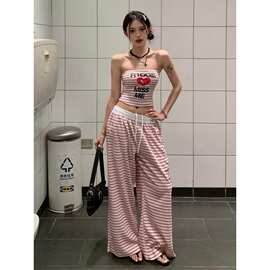 美式辣妹运动服套装女夏季时尚短款条纹抹胸背心阔腿裤休闲两件套