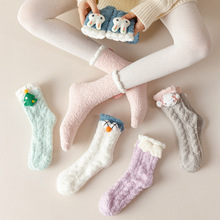 珊瑚绒袜子男女毛圈袜女士百搭中筒袜秋冬保暖可爱卡通地板袜批发