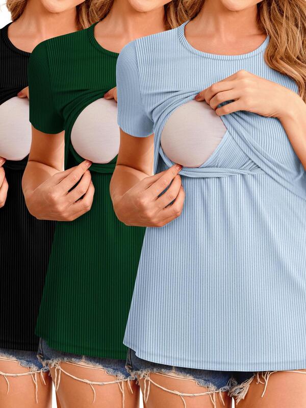 Womens Nursing Tops 3pcs Short Sleeve Ribbed Breastfeeding|undefined