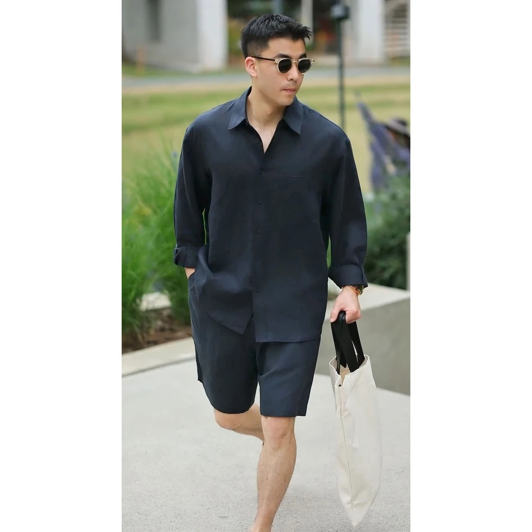 Fashion Casual Thin Long-Sleeve Shirt and Shorts Two-Piece Set Casual Sports Solid Color Retro Simple Trendy Outfit