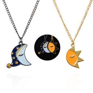 Toy bear Moon and Sun stitching smiley face couple necklace Valentine's Day gift day night cartoon pendant