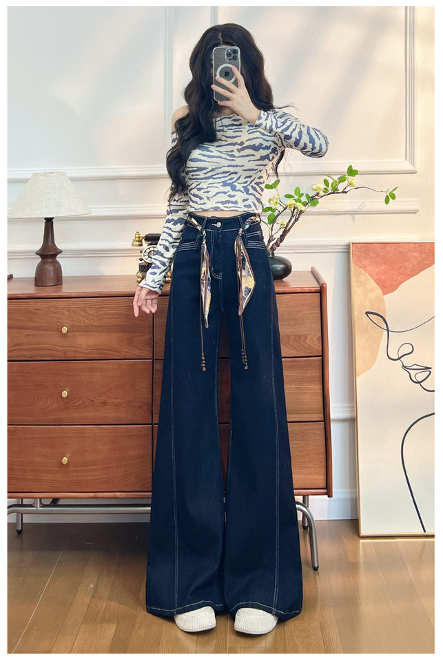 Quần jean nữ ống loe cạp cao co giãn, denim lót lông cừu mùa đông — Màu xanh vàng đen kéo dài, Quần xanh đen vàng, Retro màu xanh chín điểm, Vàng đen xanh chín điểm chi tiết 10