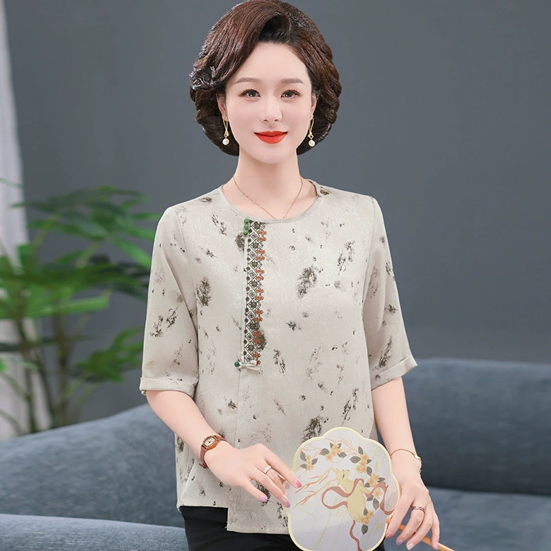Новая китайская мама летняя шелковая рубашка для женщин среднего и пожилого возраста, тонкая бабушка свободная рубашка с круглым вырезом