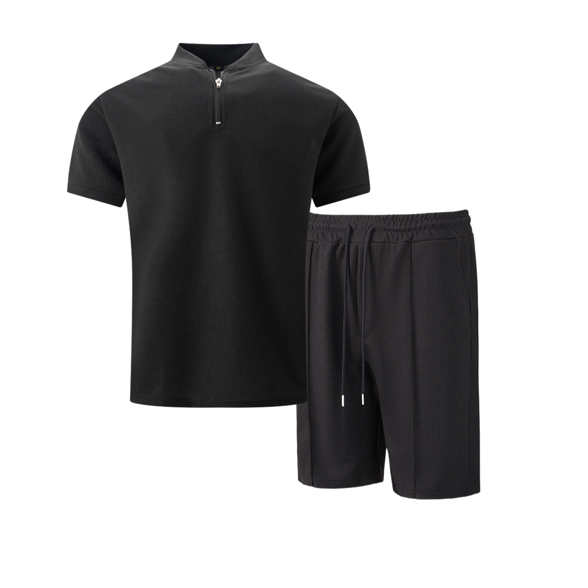 Men's Waffle Stand Collar Zip Set Casual Breathable Short Sleeve_voghion.com