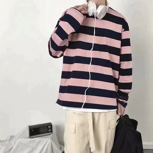 New long-sleeved T-shirt, men's Korean trend round neck striped clothes, autumn and spring loose casual sweaters