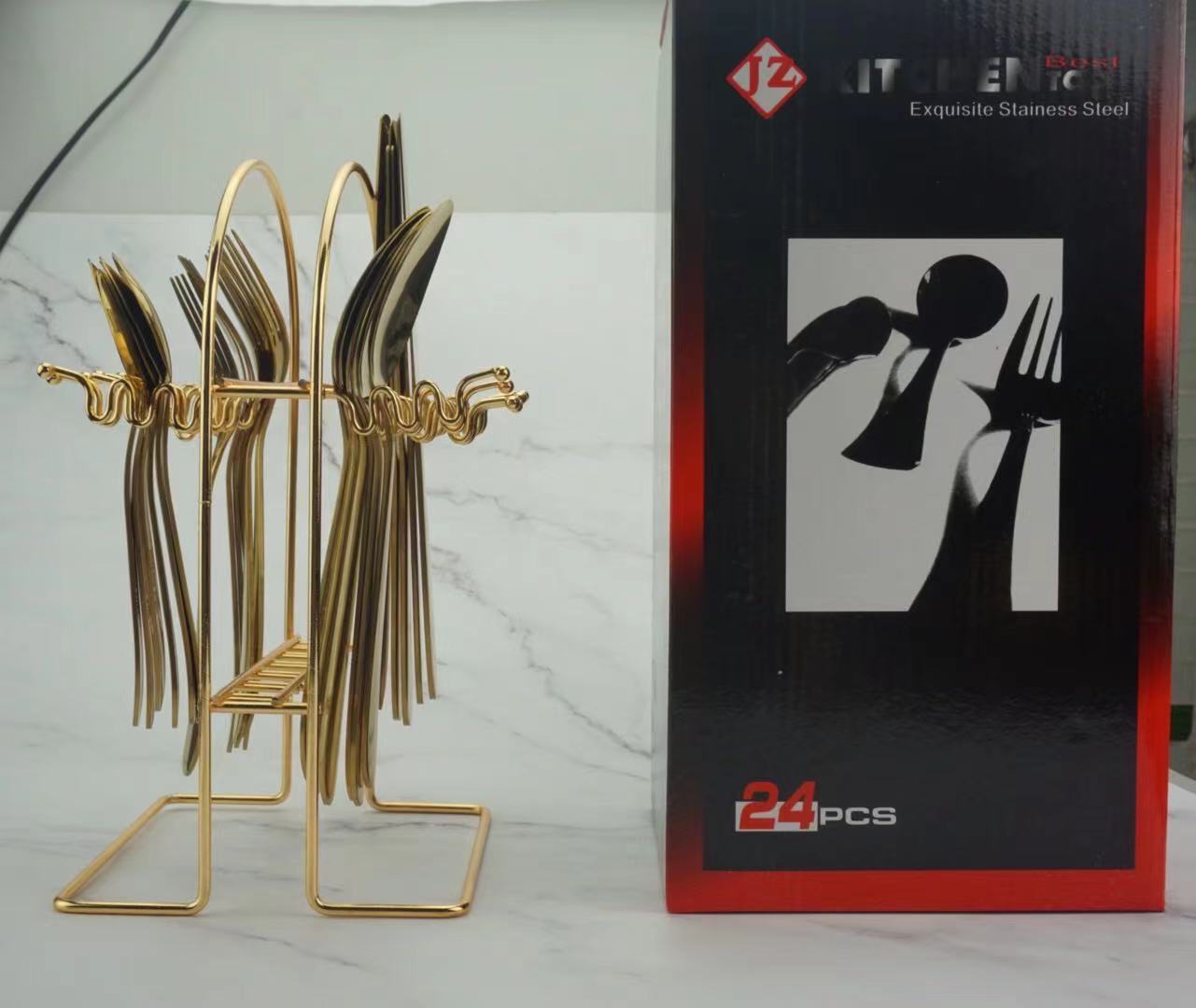 Cubiertos de acero inoxidable 24 piezas, incluye cuchillo para carne y estante – para restaurante y hotel.