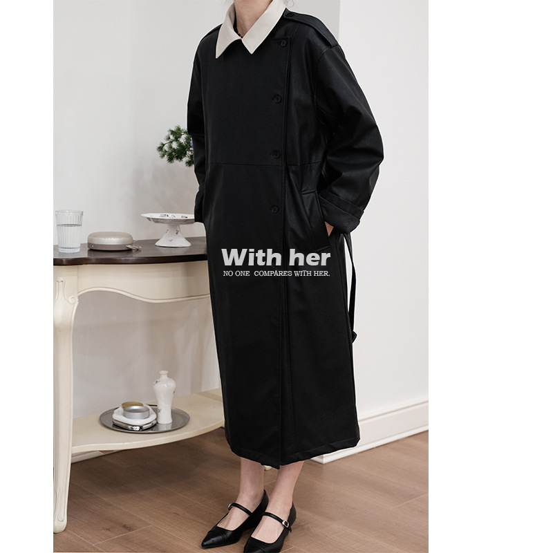 与她原创小众设计 春秋新中长款拼接撞色加棉PU皮革风衣外套女