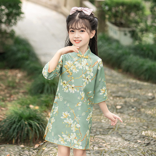 Children's improved mid-sleeve cheongsam Tang suit spring and autumn style Chinese style ethnic girl baby retro literary dress fairy