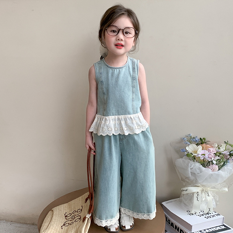 女童夏季牛仔套装2025新款儿童花边背心阔腿裤两件套宝宝韩版衣服