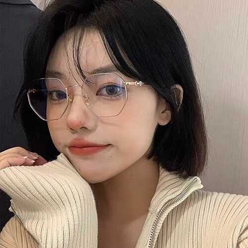 Anti-blue light women's plain glasses, eye protection gold wire eyeglass frames, face-slimming polygonal glasses for internet celebrities