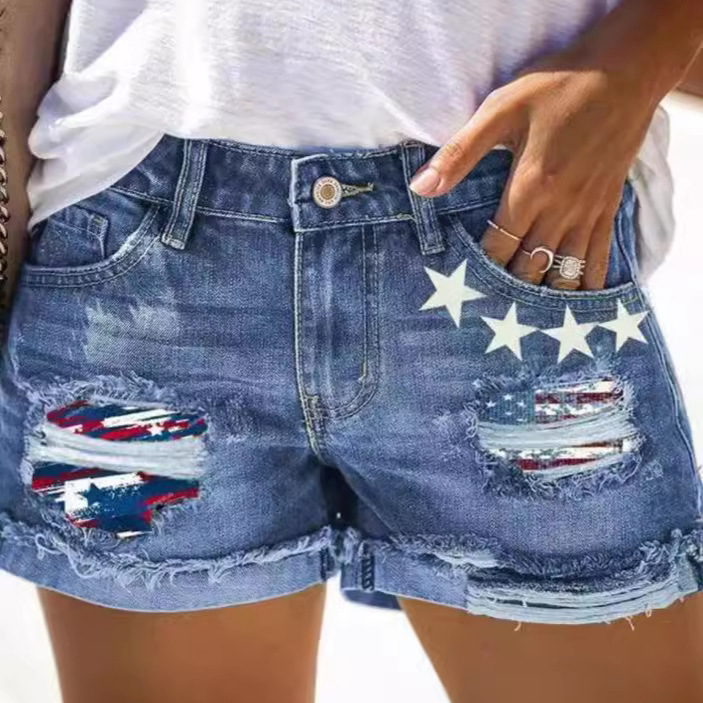 European and American Foreign trade printed ripped flanging Denim shorts for women