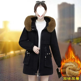 加大款加绒加厚冬季新款棉袄毛领收腰修身保暖棉服中长款派克服女