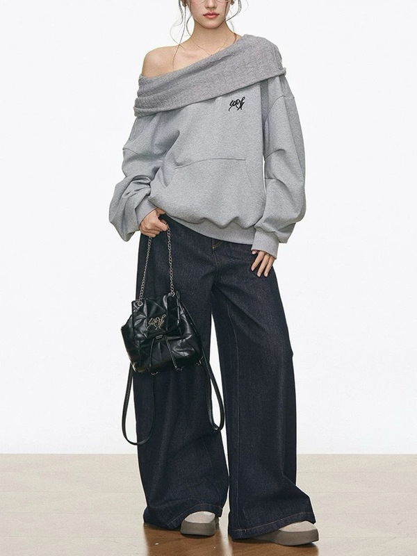 9.3新品 斜肩拼接宽松连帽卫衣上衣女慵懒+牛仔裤两件套|undefined