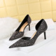 8829-A3 style sexy nightclub slim tie heel high heel shallow mouth pointed side cut-out shiny sequin shoes