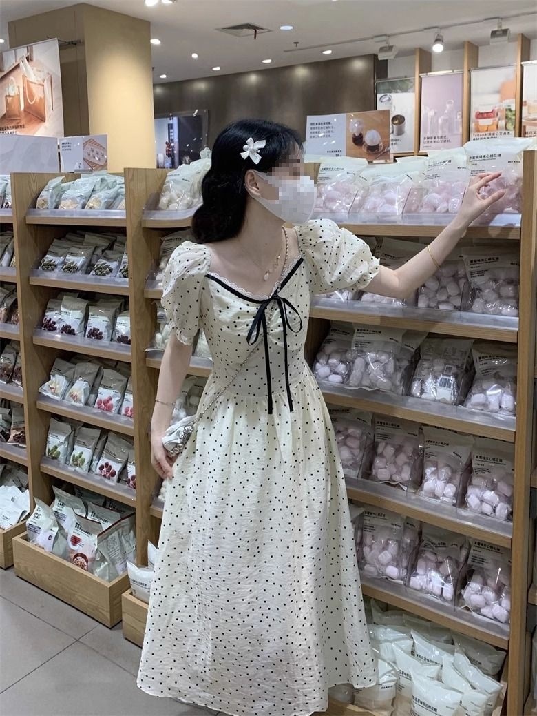 Váy maxi nữ chấm bi phong cách Pháp cổ điển, tay bồng, thắt eo, dài qua gối — Ưu tiên giao hàng tại cửa hàng chi tiết 7