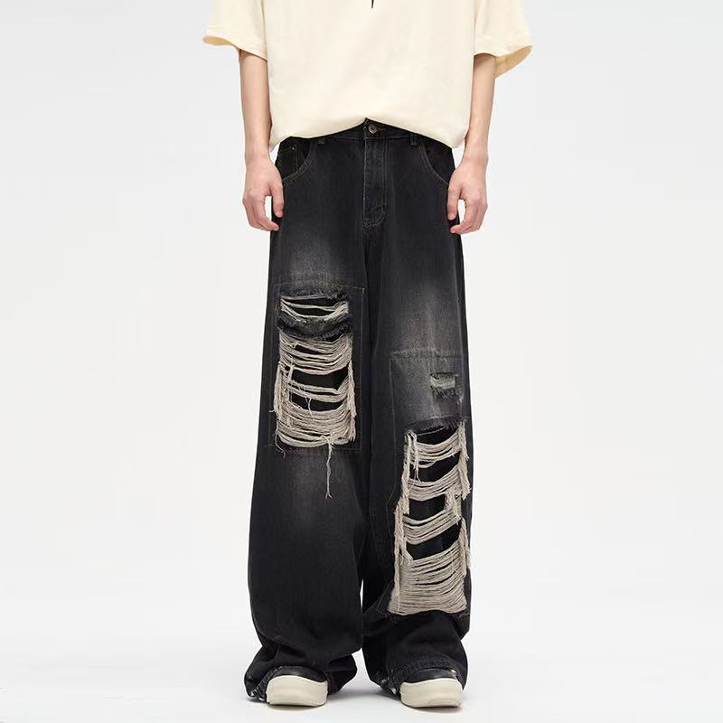 Designed Raw Edge Ripped Jeans for Men in Spring and Autum High Street Retro Loose Straight Draped Floor-Length Wide-Leg Pants
