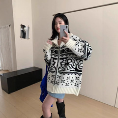 宽松大版慵懒风拉链高领毛衣女外套2025秋冬新款重工提花针织衫厚