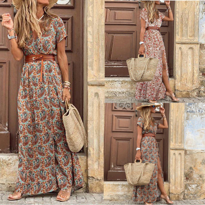 2026Ebay Aliexpress Wish Hot-Selling Women's Clothing Fashionable Bohemian Style V-Neck Floral Dress