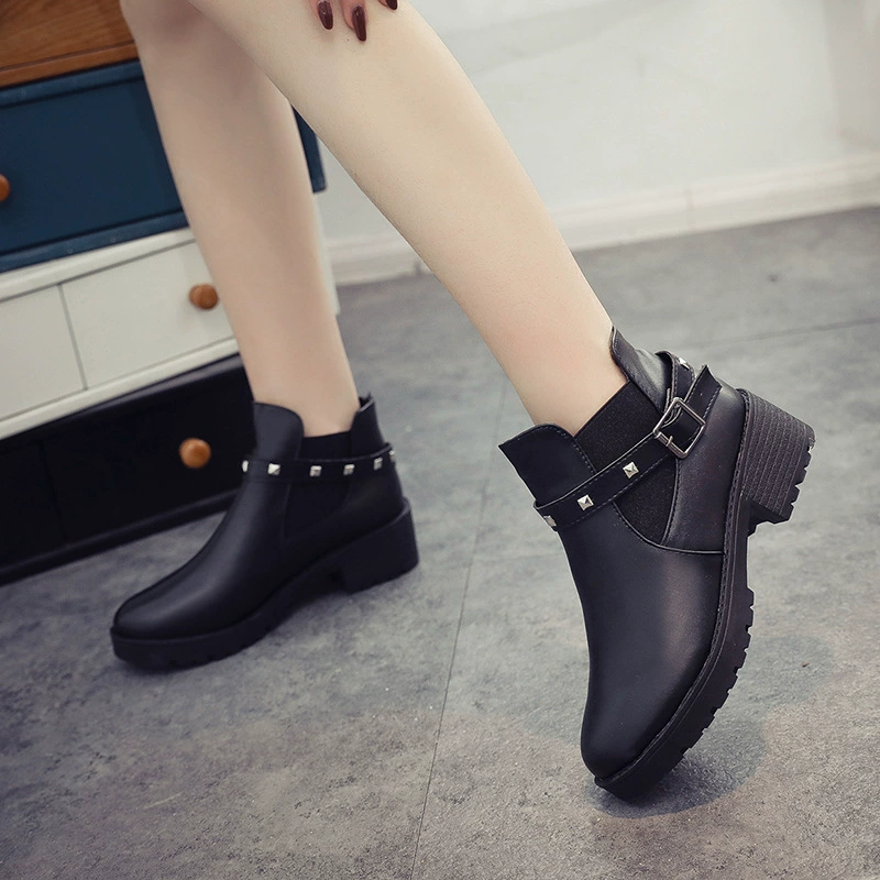 Ankle boots Martens‑style, low heel, studded strap, black, sizes 35–40