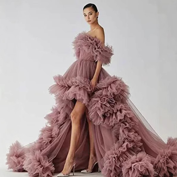 Sunshine Fluffy Off-Shoulder Prom Dress Tulle Maternity Dress Photography Export One-Shoulder Mesh Tail Short Front and Long Back