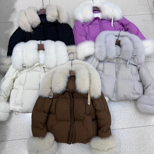 In-Stock Women's New Popular Korean-Style Loose High-End Fur Genuine Fox Fur Collar Goose down Jacket Warm Coat