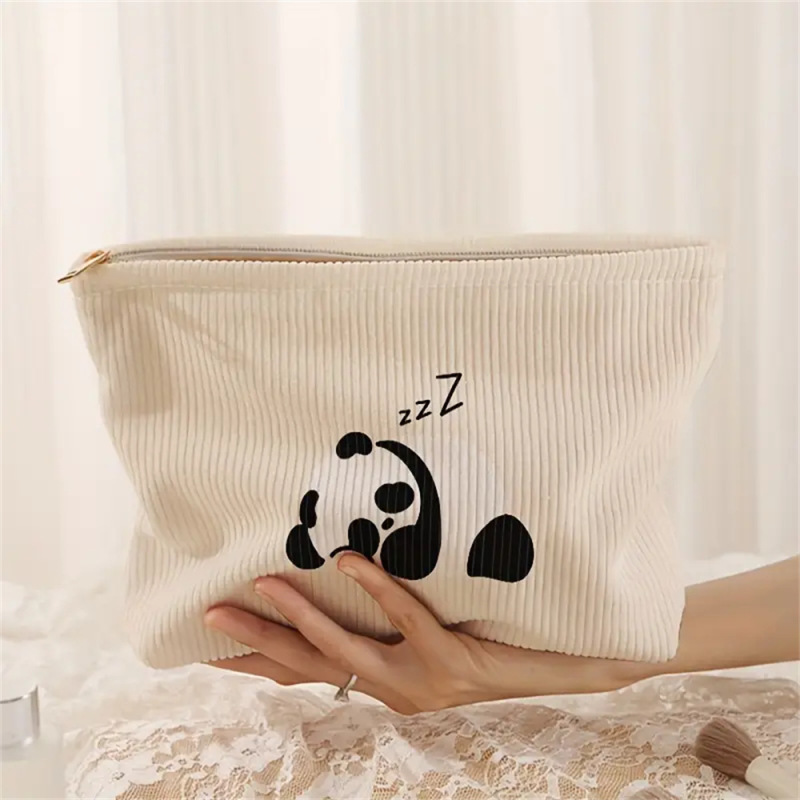 Temu Cross-Border Shein Cute Cartoon Snooze Panda Print Corduroy Zipper Storage Bag Lightweight Cosmetic Bag