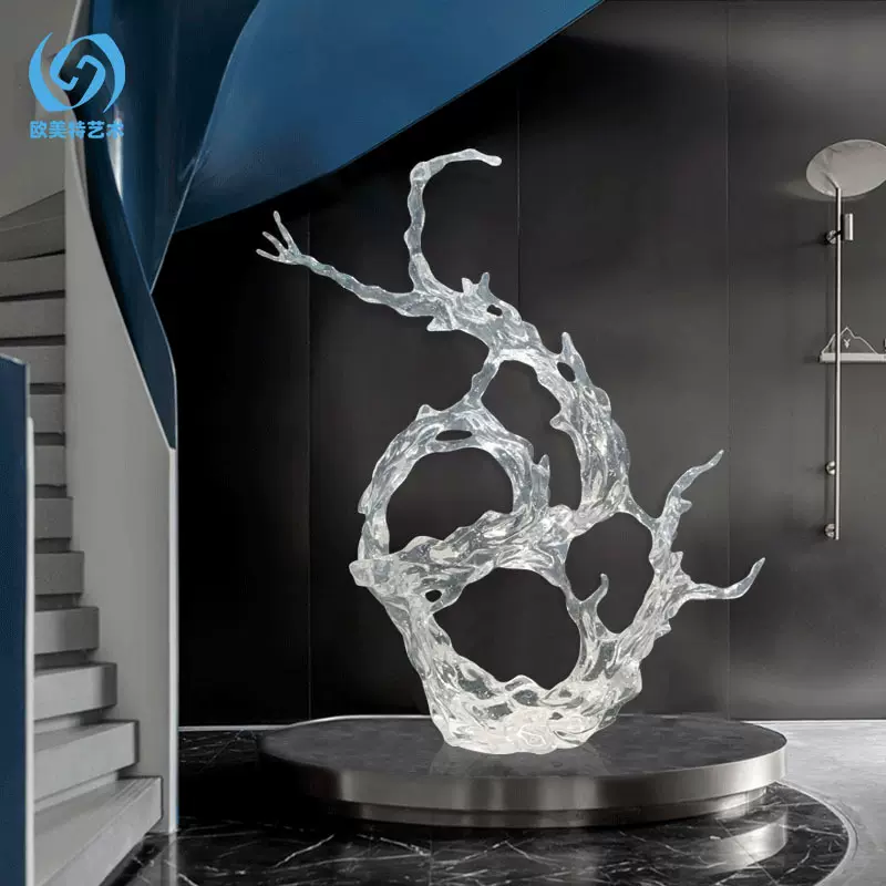 现代创意酒店大堂玄关落地透明水花雕塑摆件样板房售楼处摆设装饰