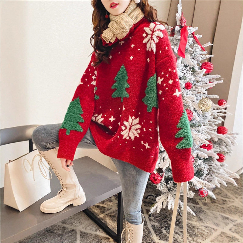 European and American Cross-Border Christmas Red Snowflake Towel Embroidered Pullover Knitwear Women's New Lazy Outer Knitwear Top