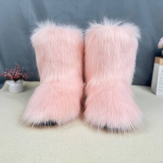 European and American Flat Heeled High-top Raccoon Fox Fur Fur Snow Boots Winter Warm Mid-barrel Women's Shoes Cross-border