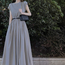 法式2023夏季新款感气质短袖灰色拼接连衣裙收腰显瘦连衣长裙