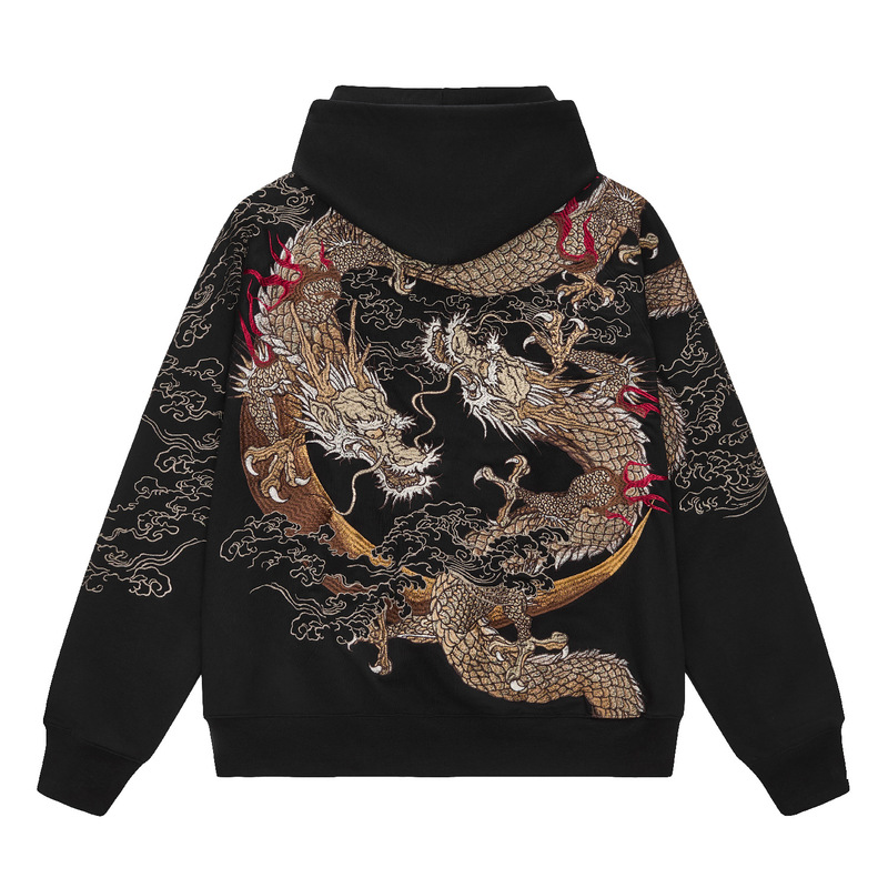 Huaxia Junpin Chinese Style Embroidered Double Dragon Playing with a Pearl Embroidered Hooded Zip-Up Sweatshirt Streetwear Jacket W027 Huaxia Junpin Chinese Style Embroidered Double Dragon Playing with a Pearl Embroidered Hooded Zip-Up Sweatshirt Streetwear Jacket W027