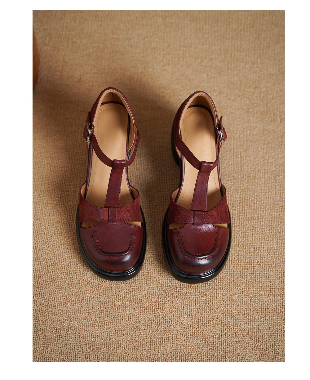 Sandal nữ cao gót mũi nhọn quai chữ T da bò, gót 8 cm — đen chi tiết 13