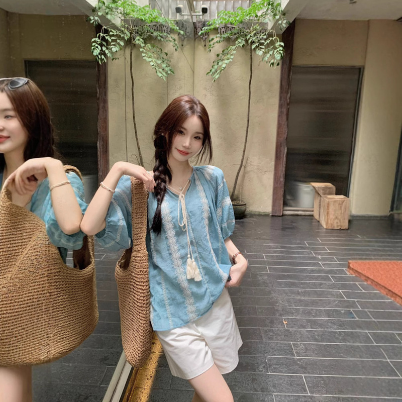 Real Shot French Vintage Vacation Style Tassel Lace-up Shirt Women's Loose Embroidered Lace Cotton Linen Top 80202