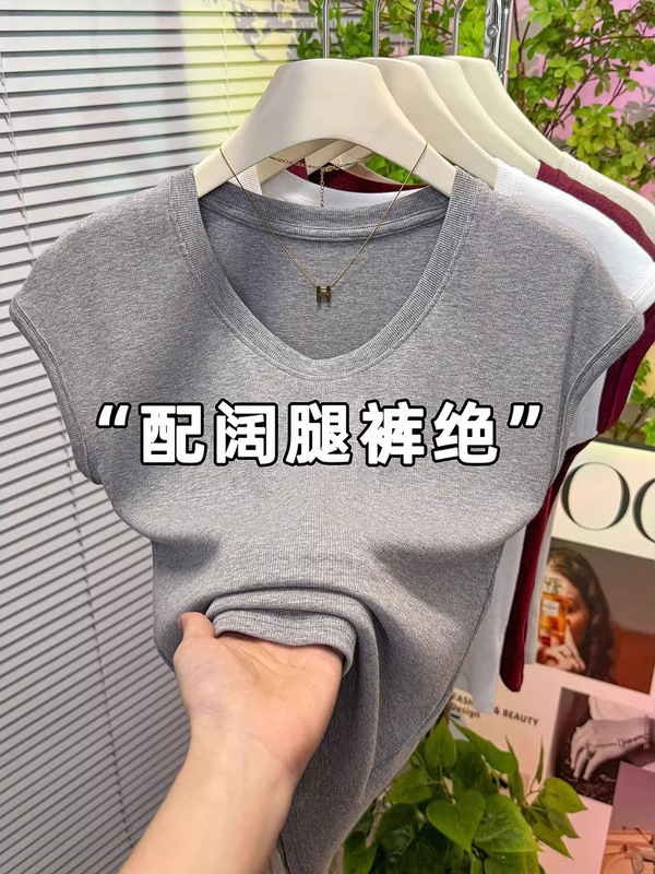 欧货u领小飞袖t恤女2025新款设计感百搭时尚减龄显瘦螺纹纯色上衣|undefined